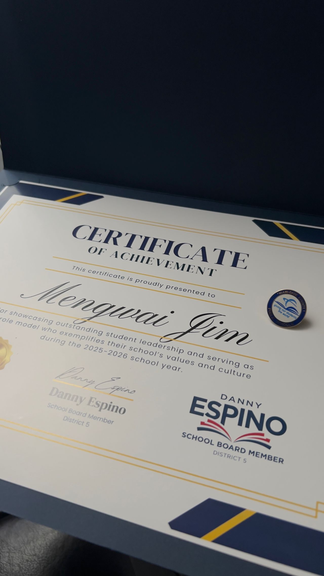 Certificate of Achievement from District 5 School Board Member Danny Espino